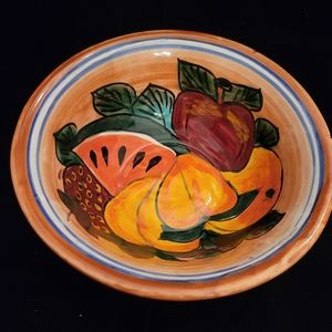 Mexican Hand Painted Pottery Fruit Bowl Signed by Artist. Bowl has multicolored